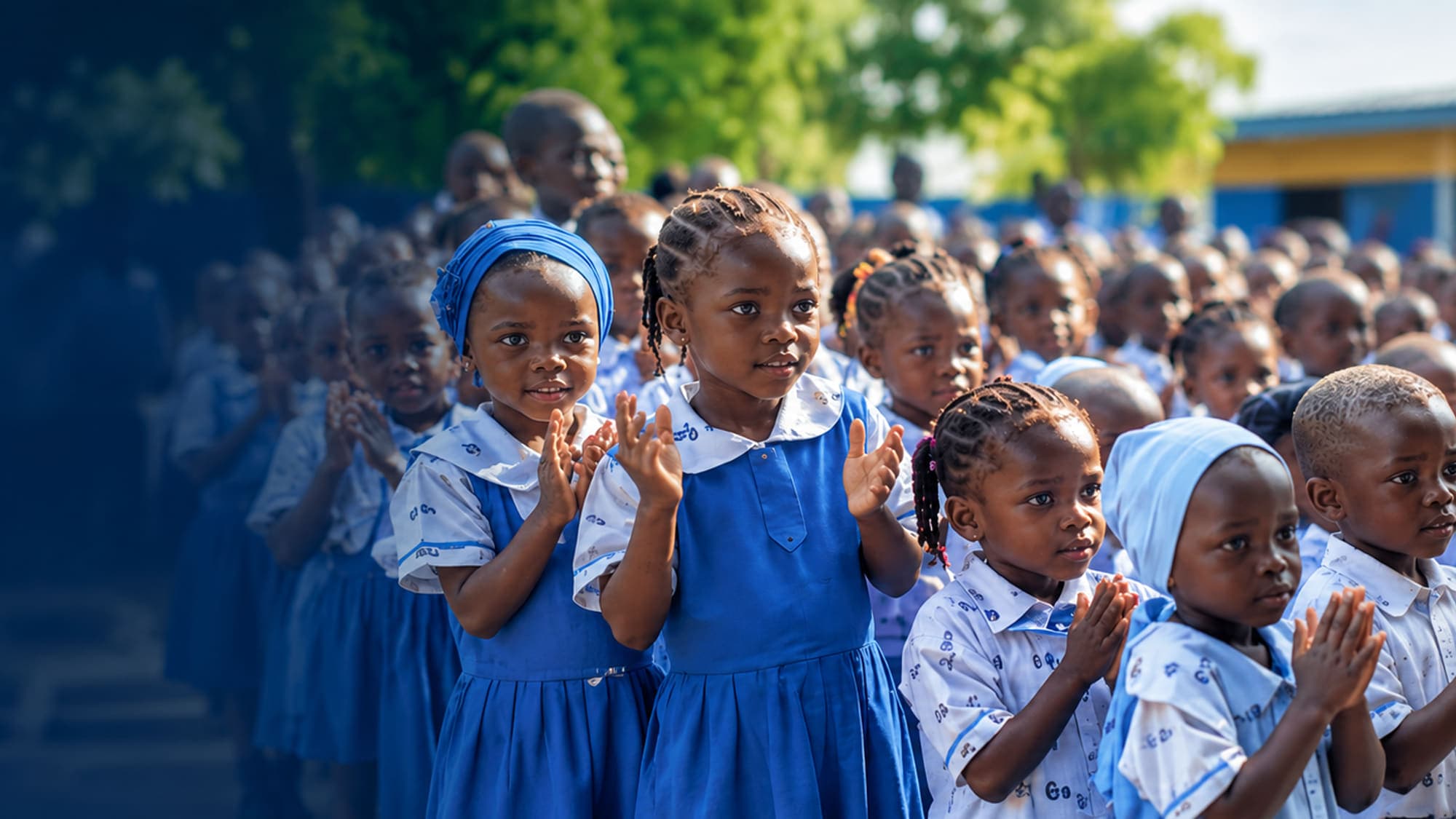 Greater Future Academy pupils outside the school on a bright morning